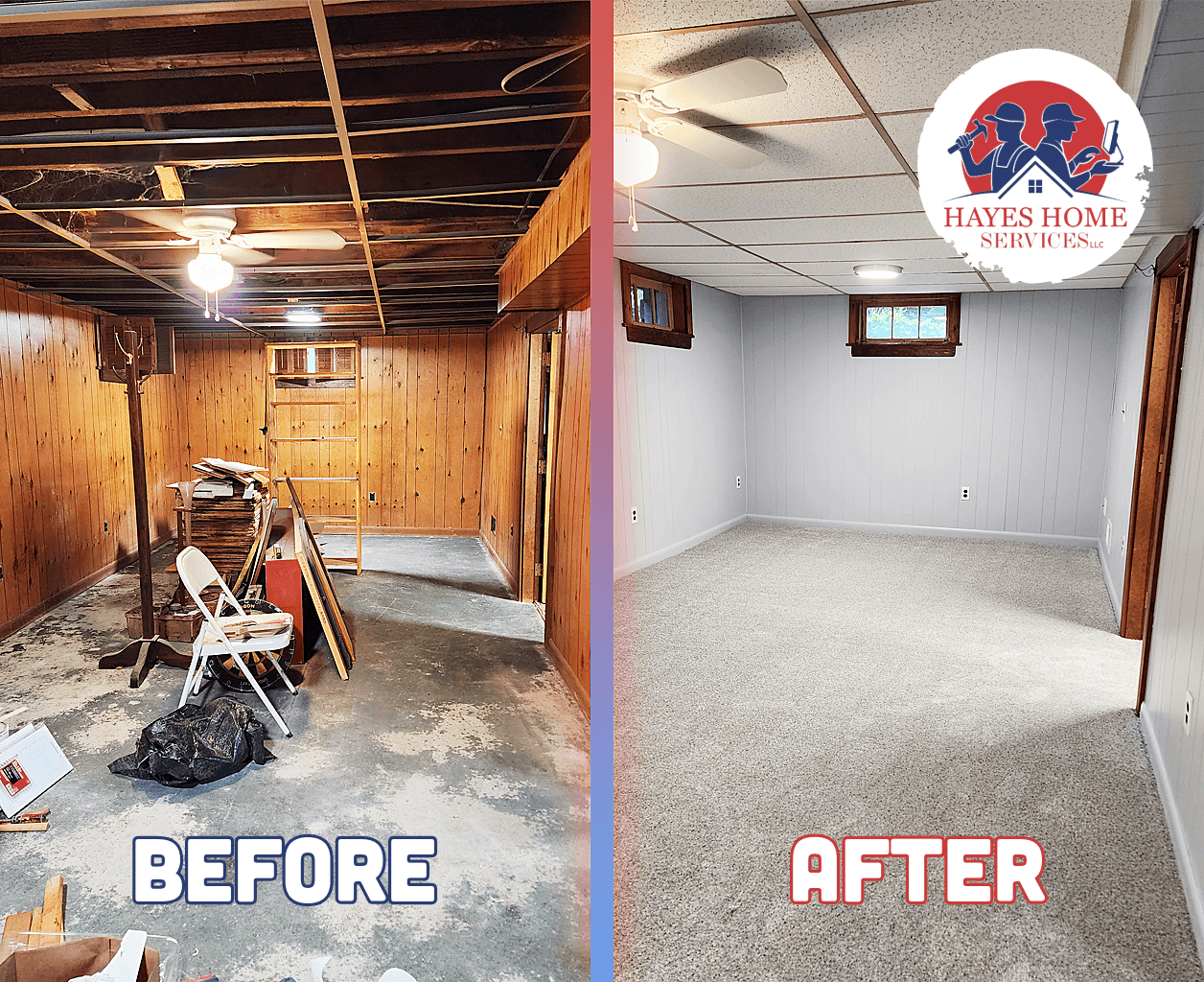 Finished basement project with modern lighting and flooring.