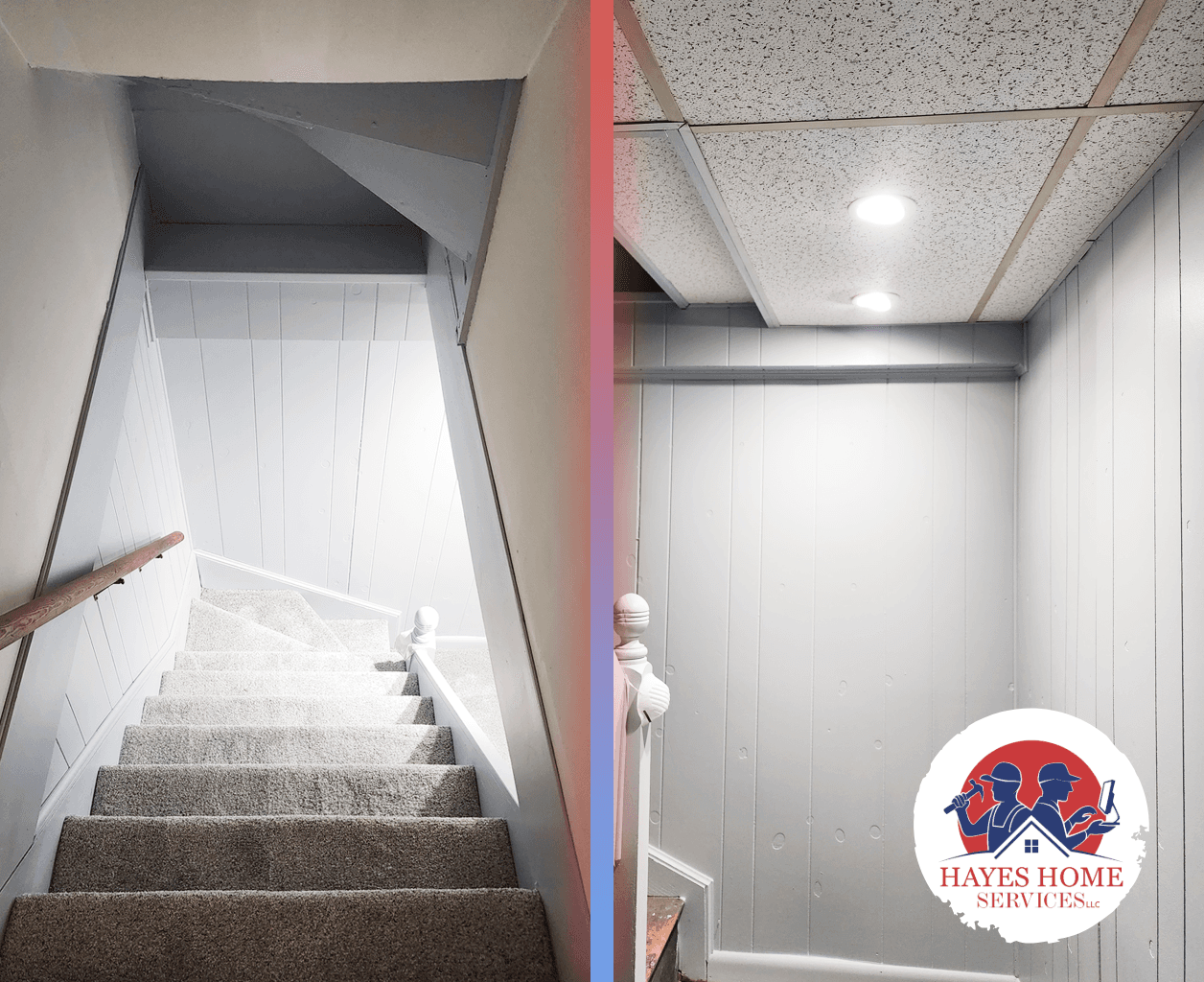 Basement renovation with new drywall and paint.
