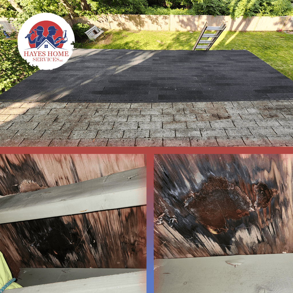 Roof repair project showing new shingles and clean finish.