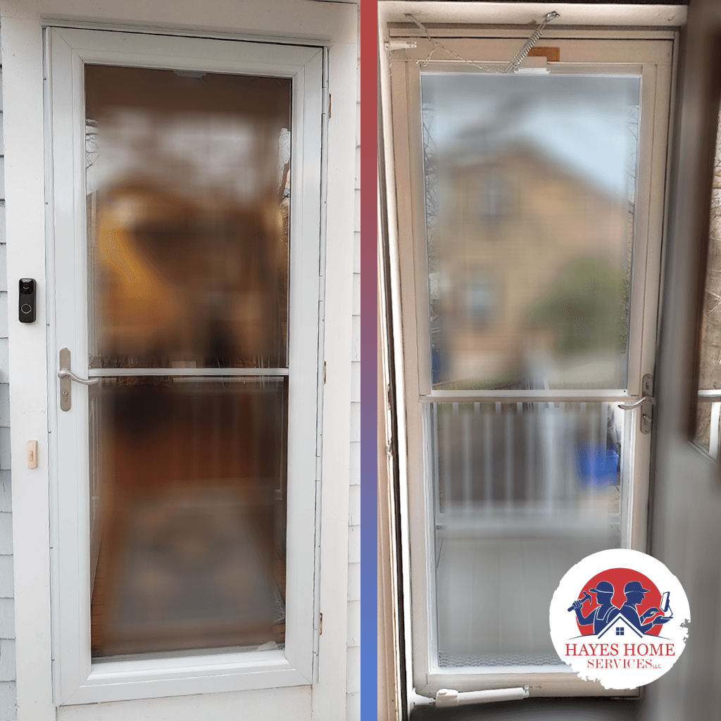 Storm door installation with secure, weatherproof fit.